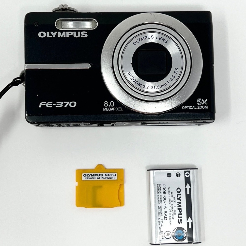 Olympus FE-370 8MP CCD Digital Camera Black Working Battery Adapter SD Card